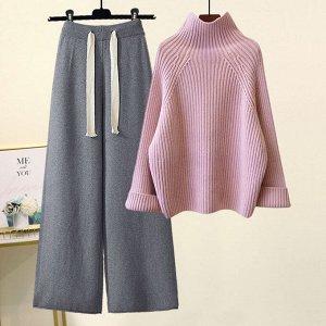 Комплект из двух предметов: Розовый свитер + серые широкие брюки