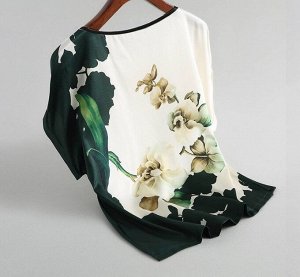 Женская блуза с короткими рукавами, свободного кроя, с цветочным принтом, белый/темно-зеленый