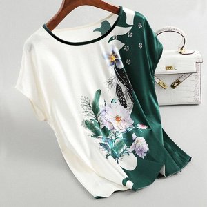 Женская блуза с короткими рукавами, с цветочным принтом, белый/зеленый