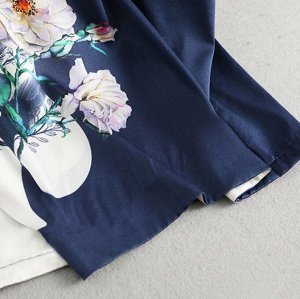 Женская блуза с короткими рукавами, с цветочным принтом, белый/темно-синий