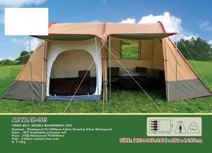 Палатка Палатка туристическая. 
Металлический каркас, прочная и устойчивая к погодным условиям ткань. Размер (120+145+240)x260 h195см. 
Очень быстрая и удобная сборка и разборка. 
Вместимость 4 чел.