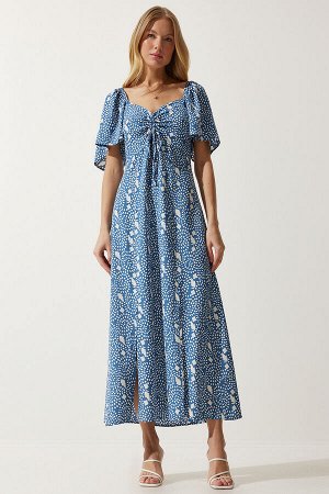 happinessistanbul Женское вискозное платье индиго синего цвета с разрезом и воланами UB00247