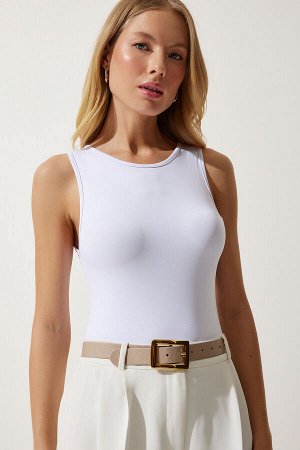 Женская белая трикотажная блузка без рукавов с кнопками WO00030