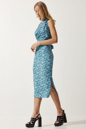 Женское голубое трикотажное платье с разрезом на одно плечо MC00266