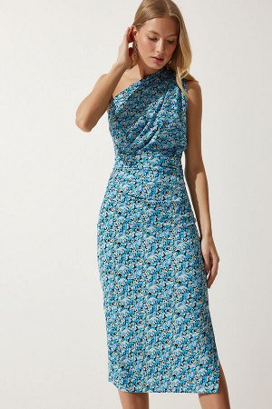 Женское голубое трикотажное платье с разрезом на одно плечо MC00266