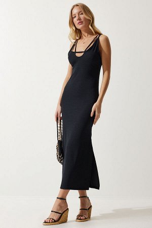 Женское летнее вельветовое трикотажное платье черного цвета с разрезом на бретельках MC00273