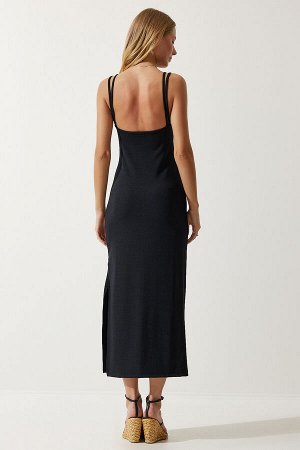 Женское летнее вельветовое трикотажное платье черного цвета с разрезом на бретельках MC00273