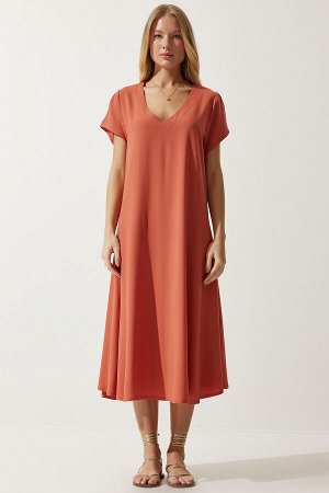 Женское оранжевое летнее струящееся вискозное платье с v-образным вырезом EN00612