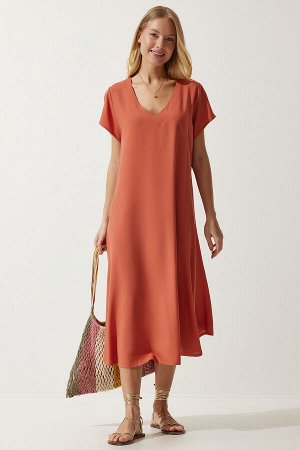 happinessistanbul Женское оранжевое летнее струящееся вискозное платье с v-образным вырезом EN00612