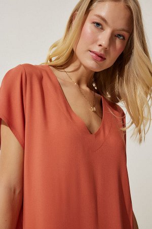 Женское оранжевое летнее струящееся вискозное платье с v-образным вырезом EN00612