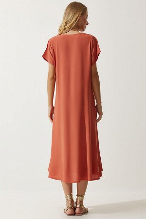 happinessistanbul Женское оранжевое летнее струящееся вискозное платье с v-образным вырезом EN00612