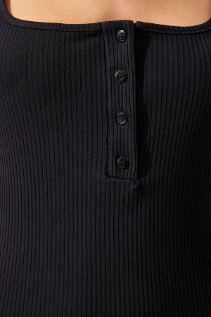 Женское черное вельветовое трикотажное платье на пуговицах PG00093
