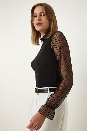 Женская черная трикотажная блузка с рукавами из тюля в горошек DD01294