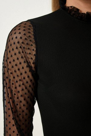 Женская черная трикотажная блузка с рукавами из тюля в горошек DD01294