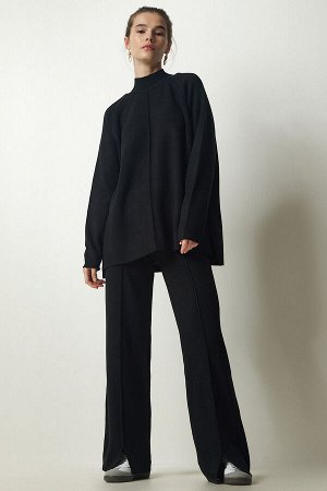 Женский черный стильный трикотажный комплект из брюк-свитера MU00012