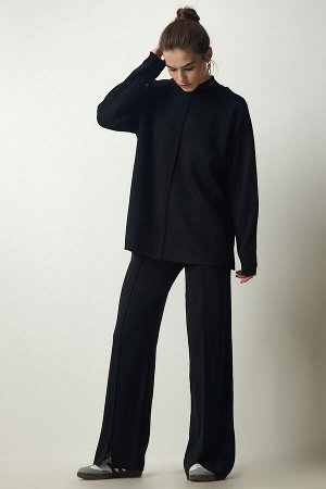 Женский черный стильный трикотажный комплект из брюк-свитера MU00012