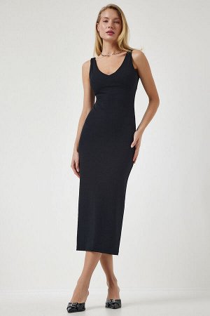 Женское вельветовое трикотажное платье черного цвета с v-образным вырезом MC00261