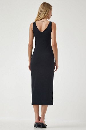 Женское вельветовое трикотажное платье черного цвета с v-образным вырезом MC00261