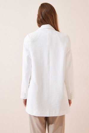 Женский белый льняной пиджак оверсайз с фактурным рисунком TO00015