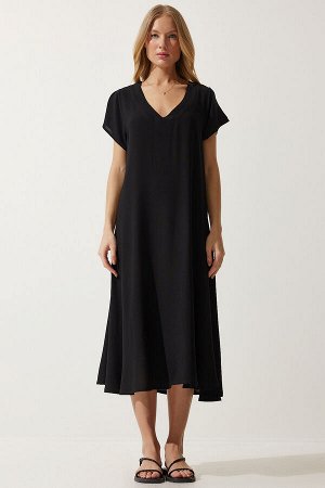 Женское черное летнее платье из струящейся вискозы с v-образным вырезом EN00612