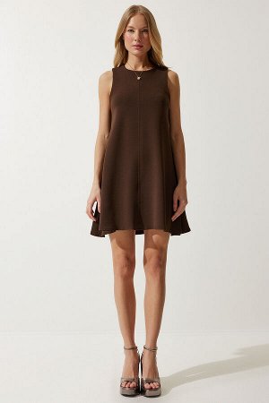 Женское коричневое летнее тканое платье-колокольчик с круглым вырезом RV00160