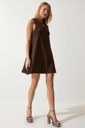 Женское коричневое летнее тканое платье-колокольчик с круглым вырезом RV00160