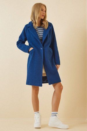 Женское пальто из букле из смесовой шерсти кобальтово-синего цвета DD00770