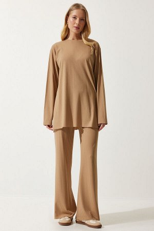 Женский комплект из трикотажной блузки и брюк бисквитного цвета KH00088