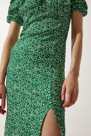 Женское зеленое трикотажное платье со сборками с узором CI00102