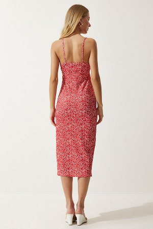 Женское яркое красно-белое летнее вязаное платье с разрезом и цветочным принтом CI00029