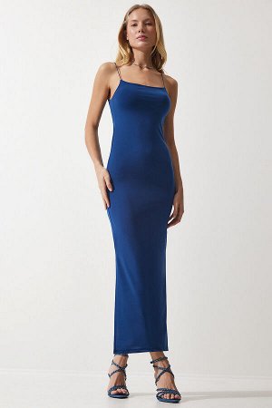 Женское синее платье Saran песочного цвета с разрезом на веревочных бретелях DZ00114