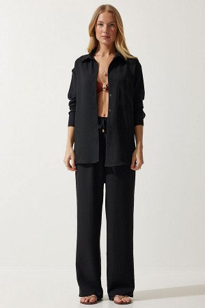 Женский черный комплект из рубашки и брюк оверсайз MP00025