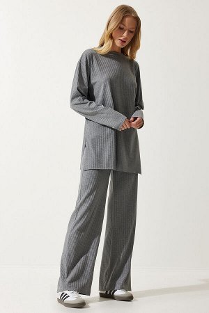 Женский комплект из серой трикотажной блузки и брюк на шнурке KH00088