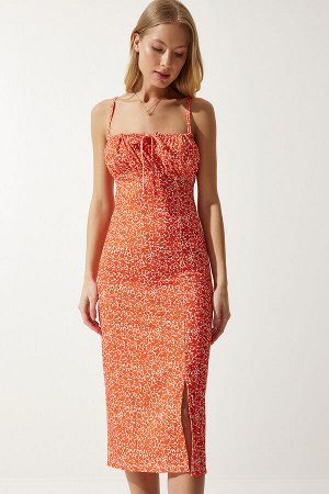 Женское белое оранжевое летнее трикотажное платье с разрезом и цветочным принтом CI00029