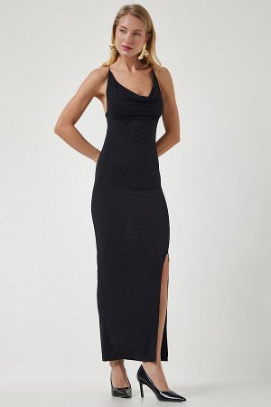 Женское черное платье песочного цвета с перекрестными бретелями и разрезом DZ00113