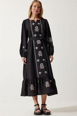 Женское черное длинное тканое платье из льняной ткани с вышивкой RG00017