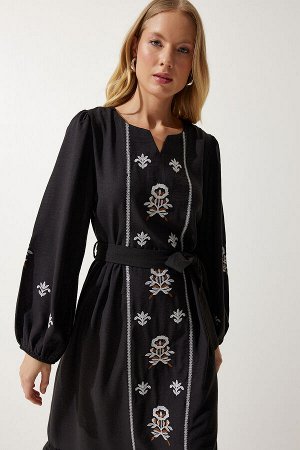 Женское черное длинное тканое платье из льняной ткани с вышивкой RG00017