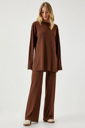Женский комплект из коричневой трикотажной блузки и брюк на шнуровке KH00088