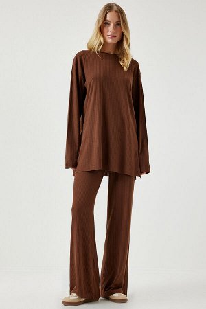 Женский комплект из коричневой трикотажной блузки и брюк на шнуровке KH00088