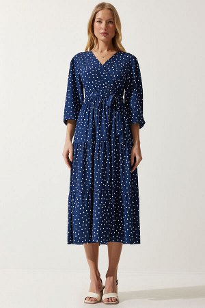 Женское темно-синее трикотажное платье в горошек с запахом и воротником MC00265