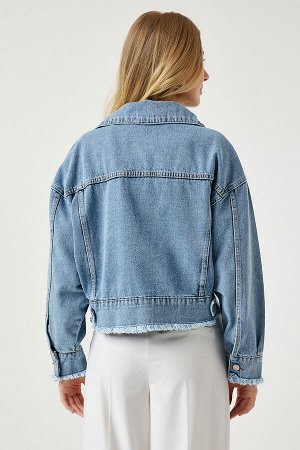 Женская голубая короткая джинсовая куртка с кисточками и карманами RV00166