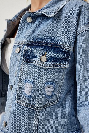 Женская голубая джинсовая укороченная куртка с кисточками RV00159