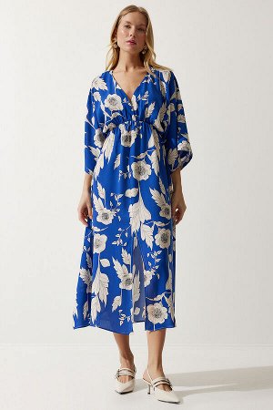 Женское летнее вискозное платье синего кремового цвета с запахом и воротником с рисунком DK00166