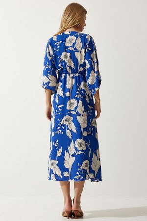 Женское летнее вискозное платье синего кремового цвета с запахом и воротником с рисунком DK00166