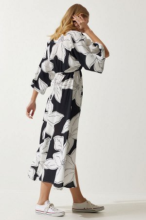 Женское черно-белое летнее вискозное платье с запахом и воротником DK00166