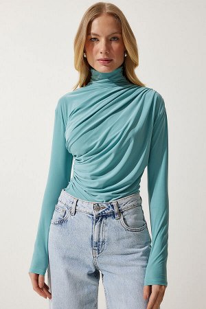 Женская блузка песочного цвета с высоким воротником и сборкой цвета морской волны, FF00135