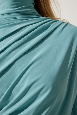 happinessistanbul Женская блузка песочного цвета с высоким воротником и сборкой цвета морской волны, FF00135