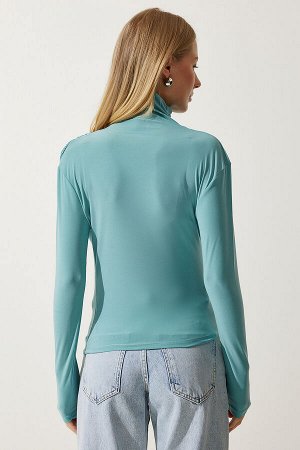 Женская блузка песочного цвета с высоким воротником и сборкой цвета морской волны, FF00135
