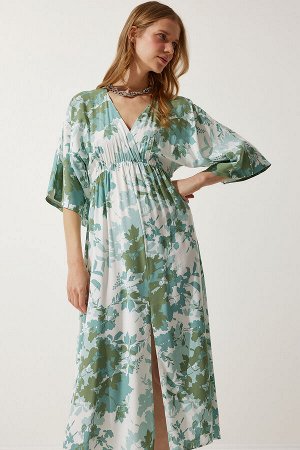 Женское зеленое летнее вискозное платье с запахом и рисунком DK00166