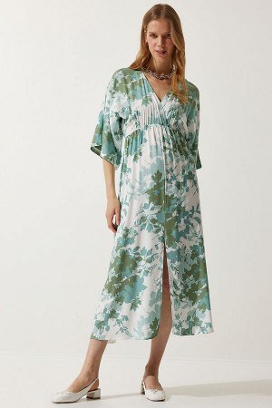 happinessistanbul Женское зеленое летнее вискозное платье с запахом и рисунком DK00166